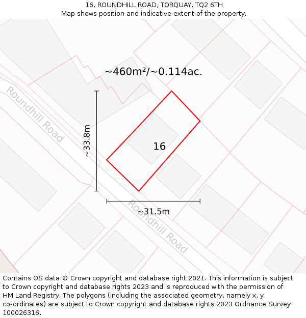 16, ROUNDHILL ROAD, TORQUAY, TQ2 6TH: Plot and title map