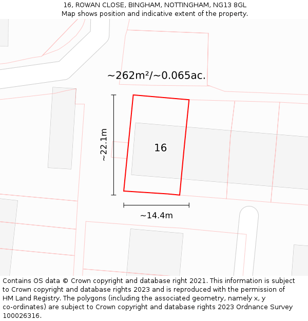 16, ROWAN CLOSE, BINGHAM, NOTTINGHAM, NG13 8GL: Plot and title map