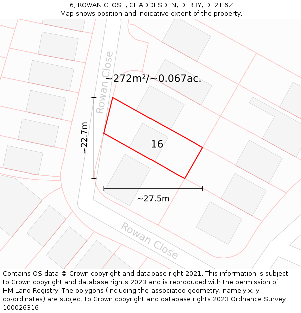 16, ROWAN CLOSE, CHADDESDEN, DERBY, DE21 6ZE: Plot and title map