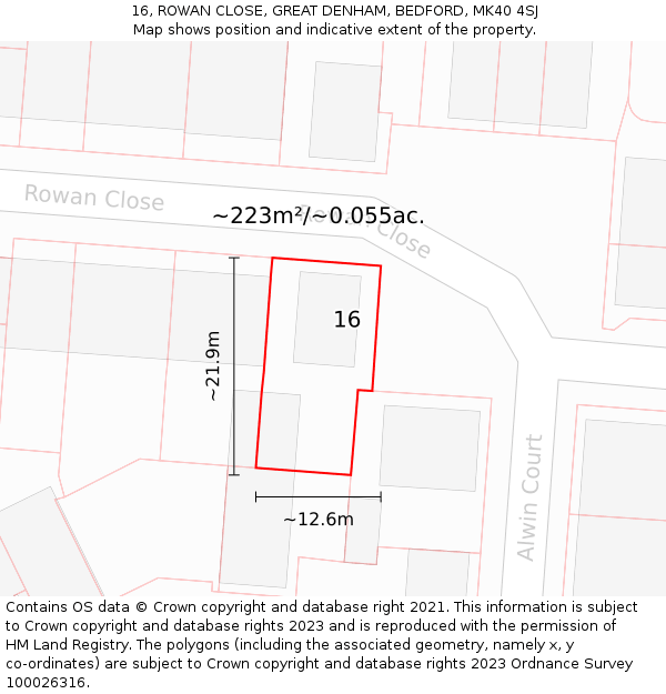 16, ROWAN CLOSE, GREAT DENHAM, BEDFORD, MK40 4SJ: Plot and title map