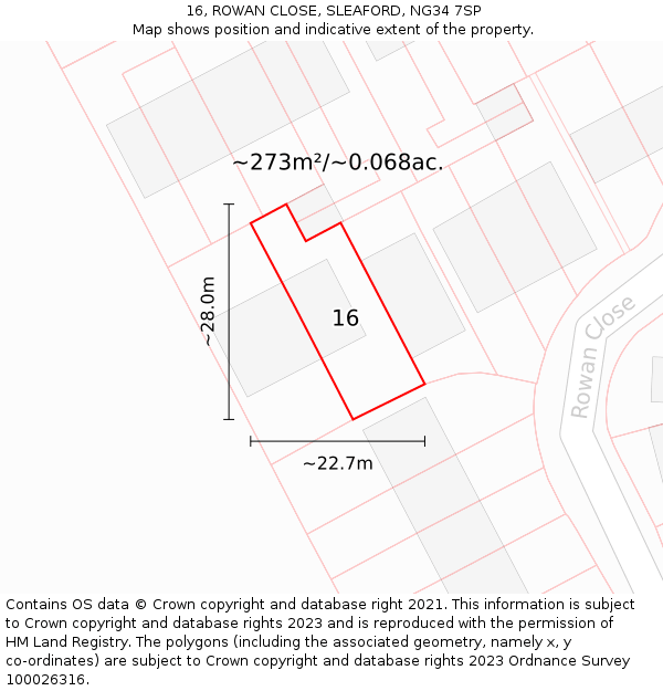 16, ROWAN CLOSE, SLEAFORD, NG34 7SP: Plot and title map
