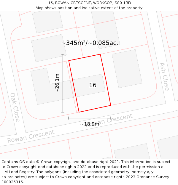 16, ROWAN CRESCENT, WORKSOP, S80 1BB: Plot and title map