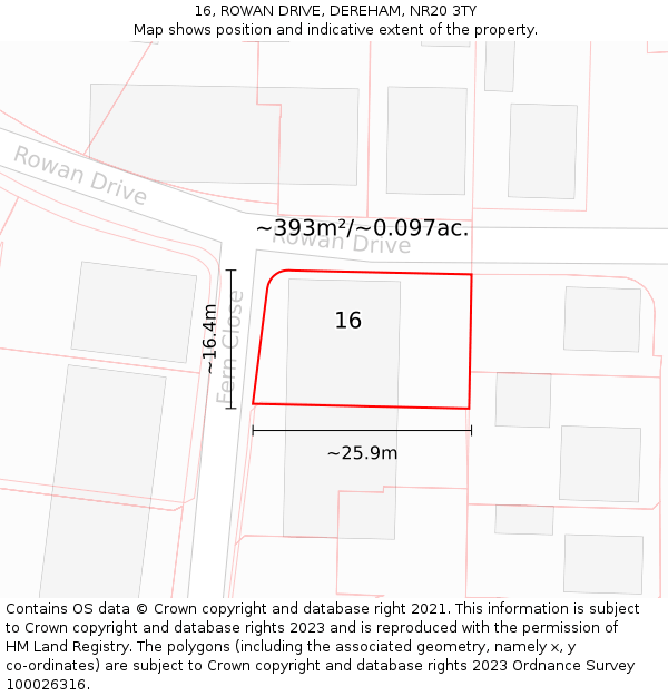 16, ROWAN DRIVE, DEREHAM, NR20 3TY: Plot and title map