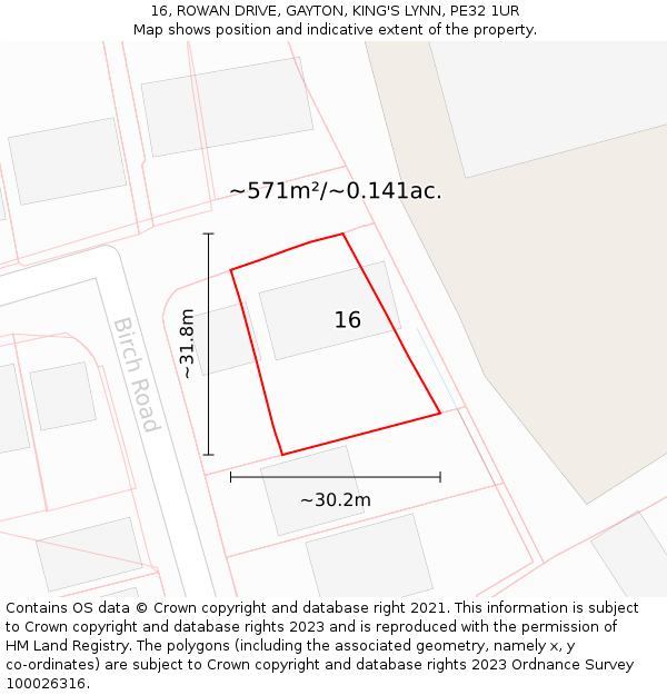 16, ROWAN DRIVE, GAYTON, KING'S LYNN, PE32 1UR: Plot and title map