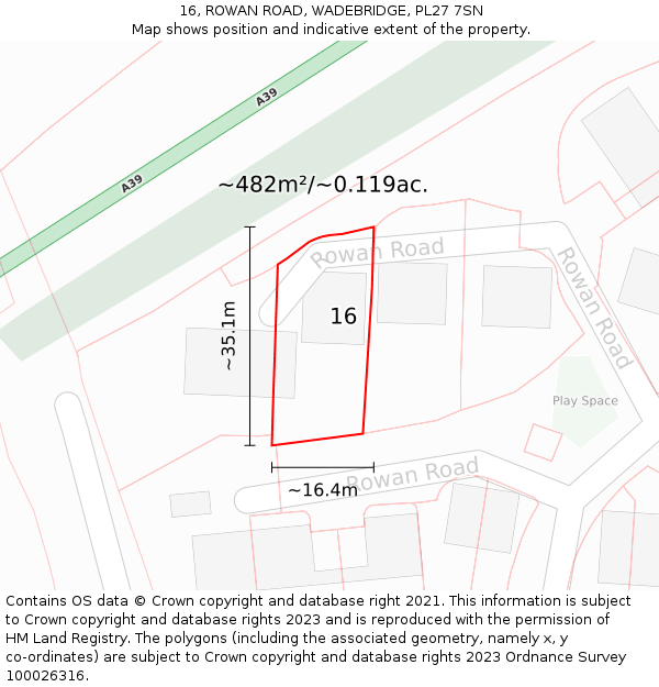 16, ROWAN ROAD, WADEBRIDGE, PL27 7SN: Plot and title map