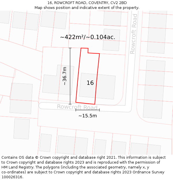 16, ROWCROFT ROAD, COVENTRY, CV2 2BD: Plot and title map