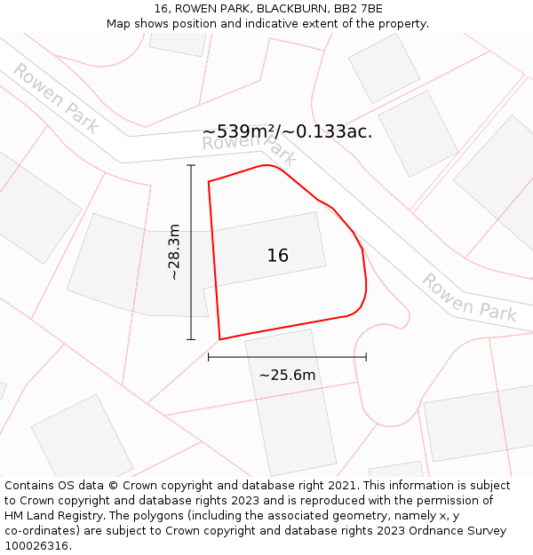 16, ROWEN PARK, BLACKBURN, BB2 7BE: Plot and title map