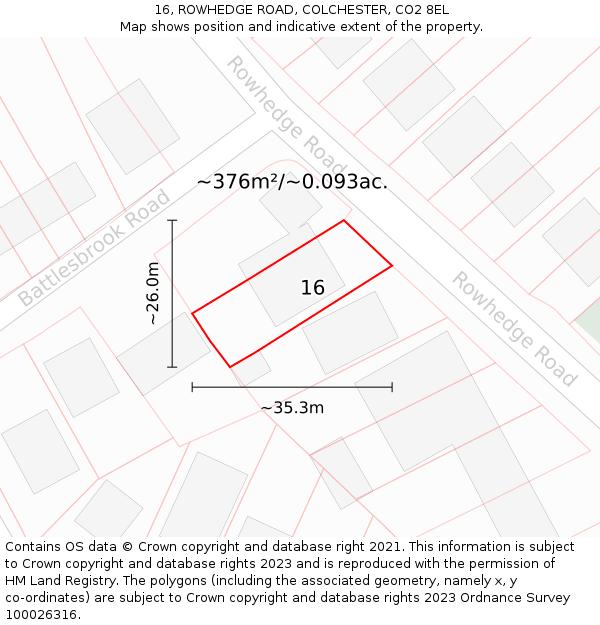 16, ROWHEDGE ROAD, COLCHESTER, CO2 8EL: Plot and title map