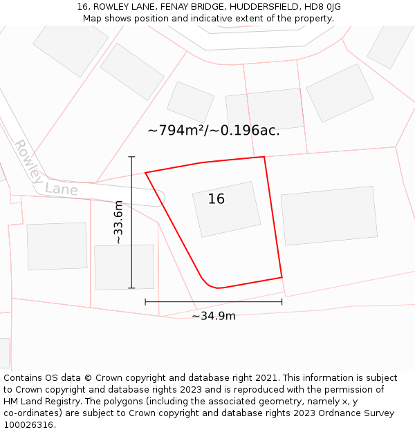 16, ROWLEY LANE, FENAY BRIDGE, HUDDERSFIELD, HD8 0JG: Plot and title map