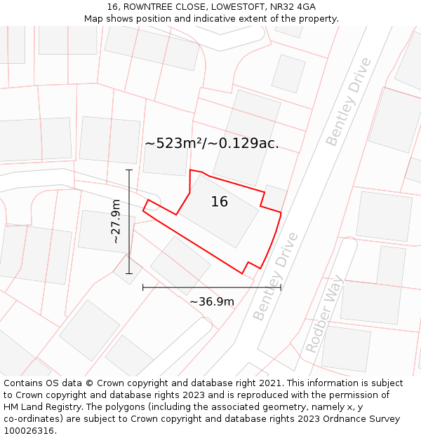 16, ROWNTREE CLOSE, LOWESTOFT, NR32 4GA: Plot and title map