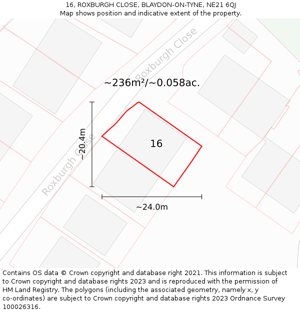16, ROXBURGH CLOSE, BLAYDON-ON-TYNE, NE21 6QJ: Plot and title map