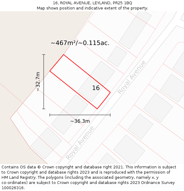 16, ROYAL AVENUE, LEYLAND, PR25 1BQ: Plot and title map