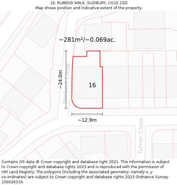 16, RUBENS WALK, SUDBURY, CO10 1QD: Plot and title map