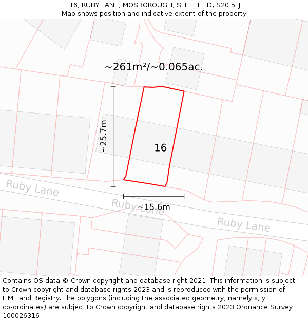 16, RUBY LANE, MOSBOROUGH, SHEFFIELD, S20 5FJ: Plot and title map