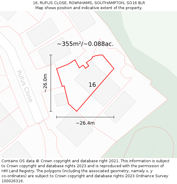 16, RUFUS CLOSE, ROWNHAMS, SOUTHAMPTON, SO16 8LR: Plot and title map