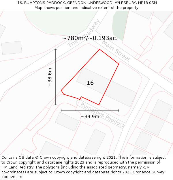 16, RUMPTONS PADDOCK, GRENDON UNDERWOOD, AYLESBURY, HP18 0SN: Plot and title map