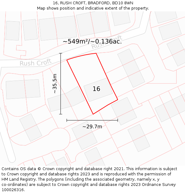 16, RUSH CROFT, BRADFORD, BD10 8WN: Plot and title map