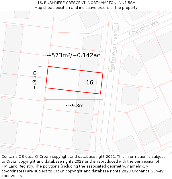 16, RUSHMERE CRESCENT, NORTHAMPTON, NN1 5SA: Plot and title map