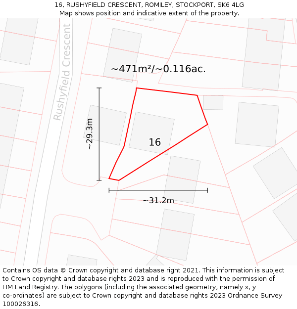 16, RUSHYFIELD CRESCENT, ROMILEY, STOCKPORT, SK6 4LG: Plot and title map