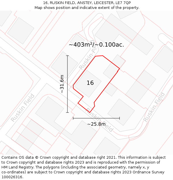 16, RUSKIN FIELD, ANSTEY, LEICESTER, LE7 7QP: Plot and title map