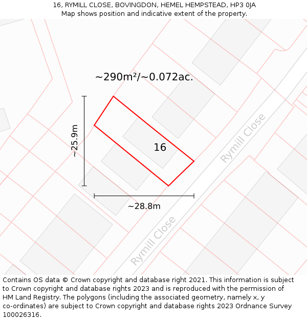 16, RYMILL CLOSE, BOVINGDON, HEMEL HEMPSTEAD, HP3 0JA: Plot and title map