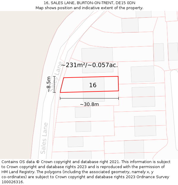 16, SALES LANE, BURTON-ON-TRENT, DE15 0DN: Plot and title map