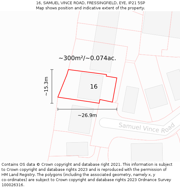 16, SAMUEL VINCE ROAD, FRESSINGFIELD, EYE, IP21 5SP: Plot and title map