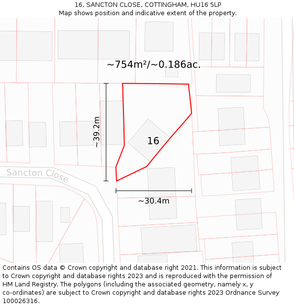 16, SANCTON CLOSE, COTTINGHAM, HU16 5LP: Plot and title map