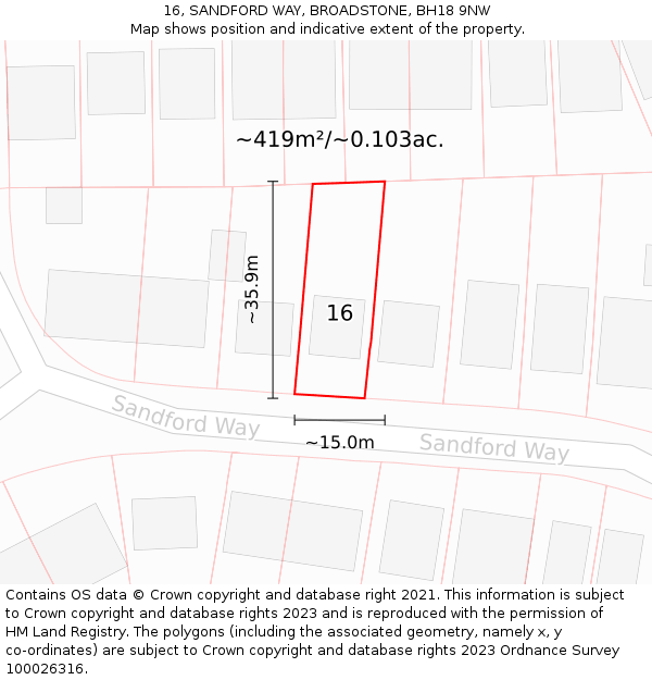16, SANDFORD WAY, BROADSTONE, BH18 9NW: Plot and title map