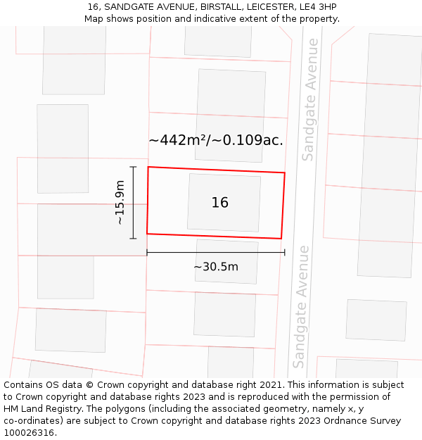 16, SANDGATE AVENUE, BIRSTALL, LEICESTER, LE4 3HP: Plot and title map