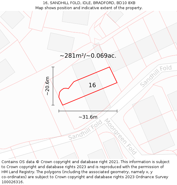 16, SANDHILL FOLD, IDLE, BRADFORD, BD10 8XB: Plot and title map