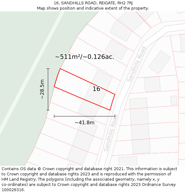 16, SANDHILLS ROAD, REIGATE, RH2 7RJ: Plot and title map