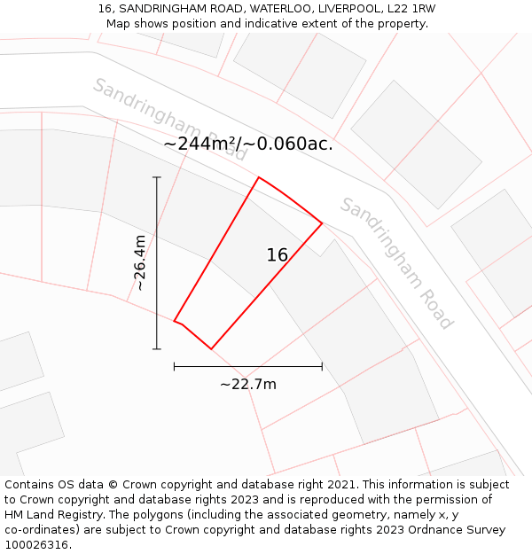 16, SANDRINGHAM ROAD, WATERLOO, LIVERPOOL, L22 1RW: Plot and title map