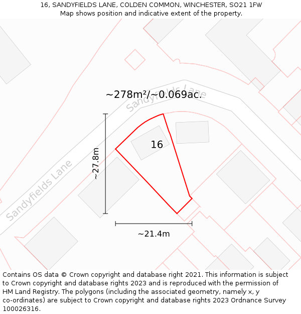16, SANDYFIELDS LANE, COLDEN COMMON, WINCHESTER, SO21 1FW: Plot and title map
