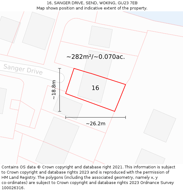 16, SANGER DRIVE, SEND, WOKING, GU23 7EB: Plot and title map