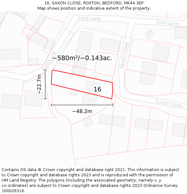 16, SAXON CLOSE, ROXTON, BEDFORD, MK44 3EP: Plot and title map