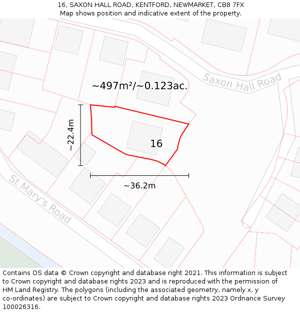 16, SAXON HALL ROAD, KENTFORD, NEWMARKET, CB8 7FX: Plot and title map