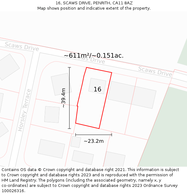 16, SCAWS DRIVE, PENRITH, CA11 8AZ: Plot and title map