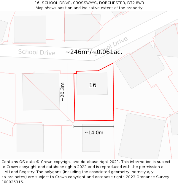 16, SCHOOL DRIVE, CROSSWAYS, DORCHESTER, DT2 8WR: Plot and title map