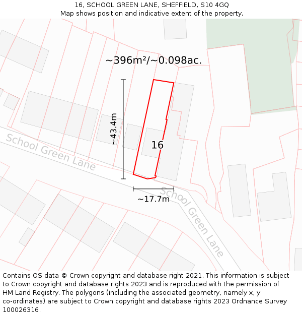 16, SCHOOL GREEN LANE, SHEFFIELD, S10 4GQ: Plot and title map