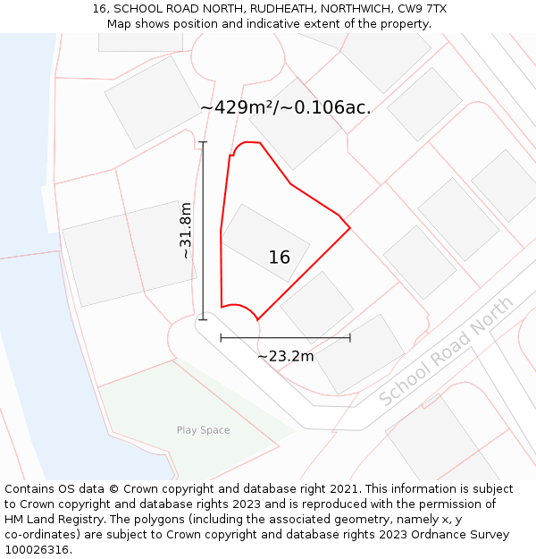 16, SCHOOL ROAD NORTH, RUDHEATH, NORTHWICH, CW9 7TX: Plot and title map