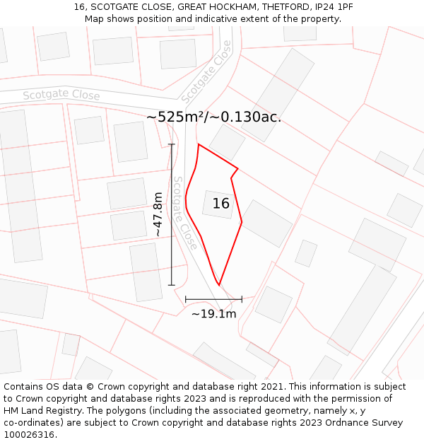 16, SCOTGATE CLOSE, GREAT HOCKHAM, THETFORD, IP24 1PF: Plot and title map