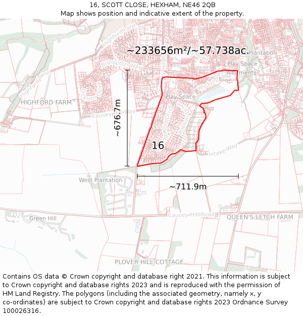 16, SCOTT CLOSE, HEXHAM, NE46 2QB: Plot and title map