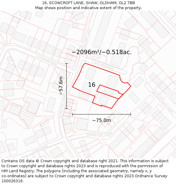 16, SCOWCROFT LANE, SHAW, OLDHAM, OL2 7BB: Plot and title map