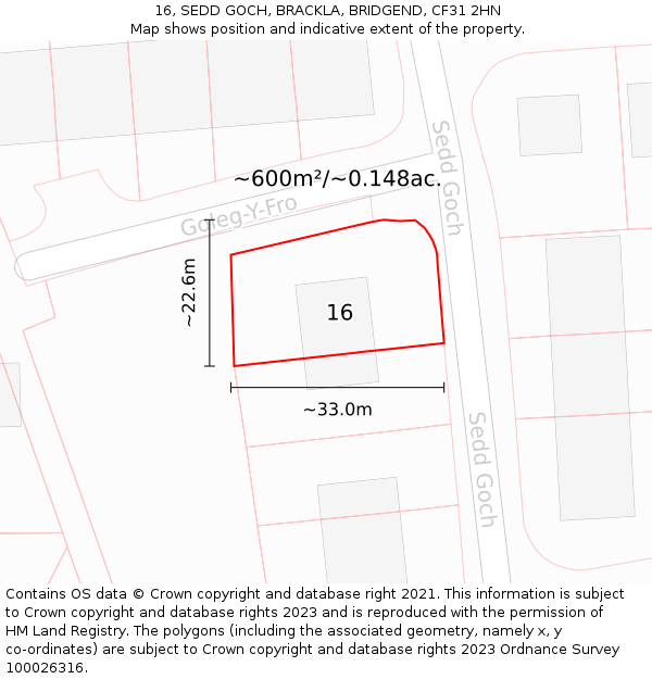 16, SEDD GOCH, BRACKLA, BRIDGEND, CF31 2HN: Plot and title map