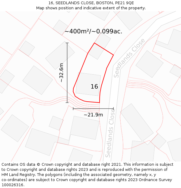 16, SEEDLANDS CLOSE, BOSTON, PE21 9QE: Plot and title map
