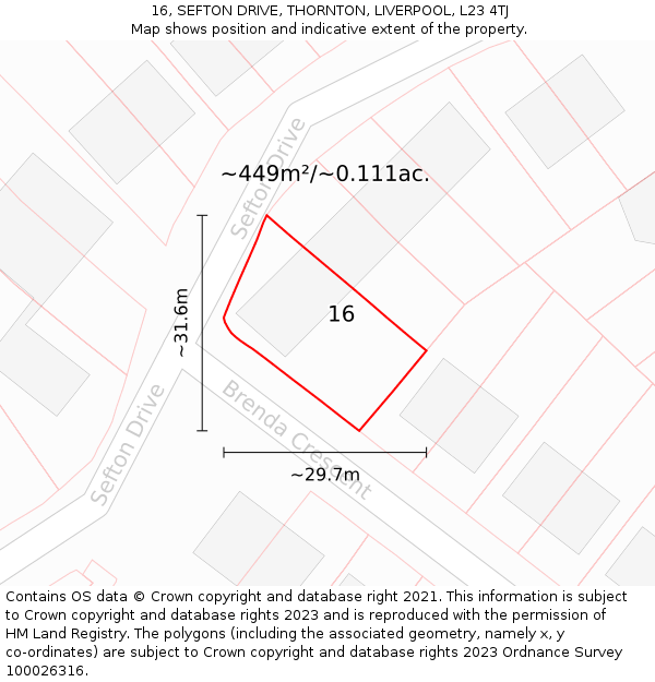 16, SEFTON DRIVE, THORNTON, LIVERPOOL, L23 4TJ: Plot and title map