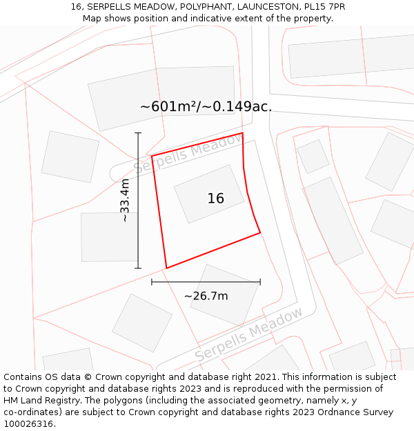 16, SERPELLS MEADOW, POLYPHANT, LAUNCESTON, PL15 7PR: Plot and title map