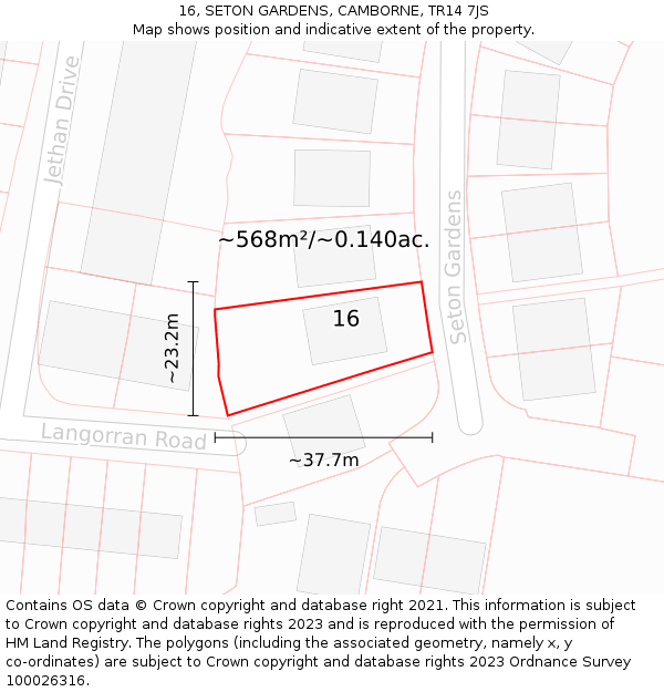 16, SETON GARDENS, CAMBORNE, TR14 7JS: Plot and title map
