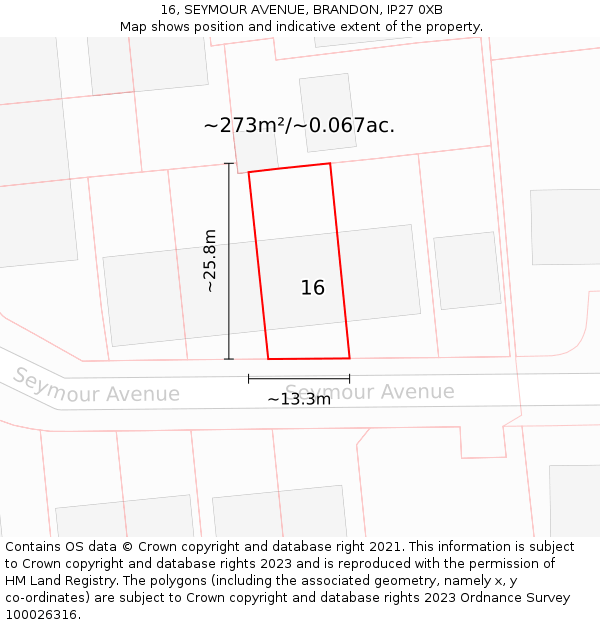 16, SEYMOUR AVENUE, BRANDON, IP27 0XB: Plot and title map